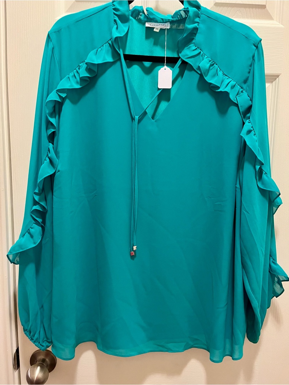 Calvin Klein 2X Green Ruffle Sheer Sleeve Blouse Tie Neck